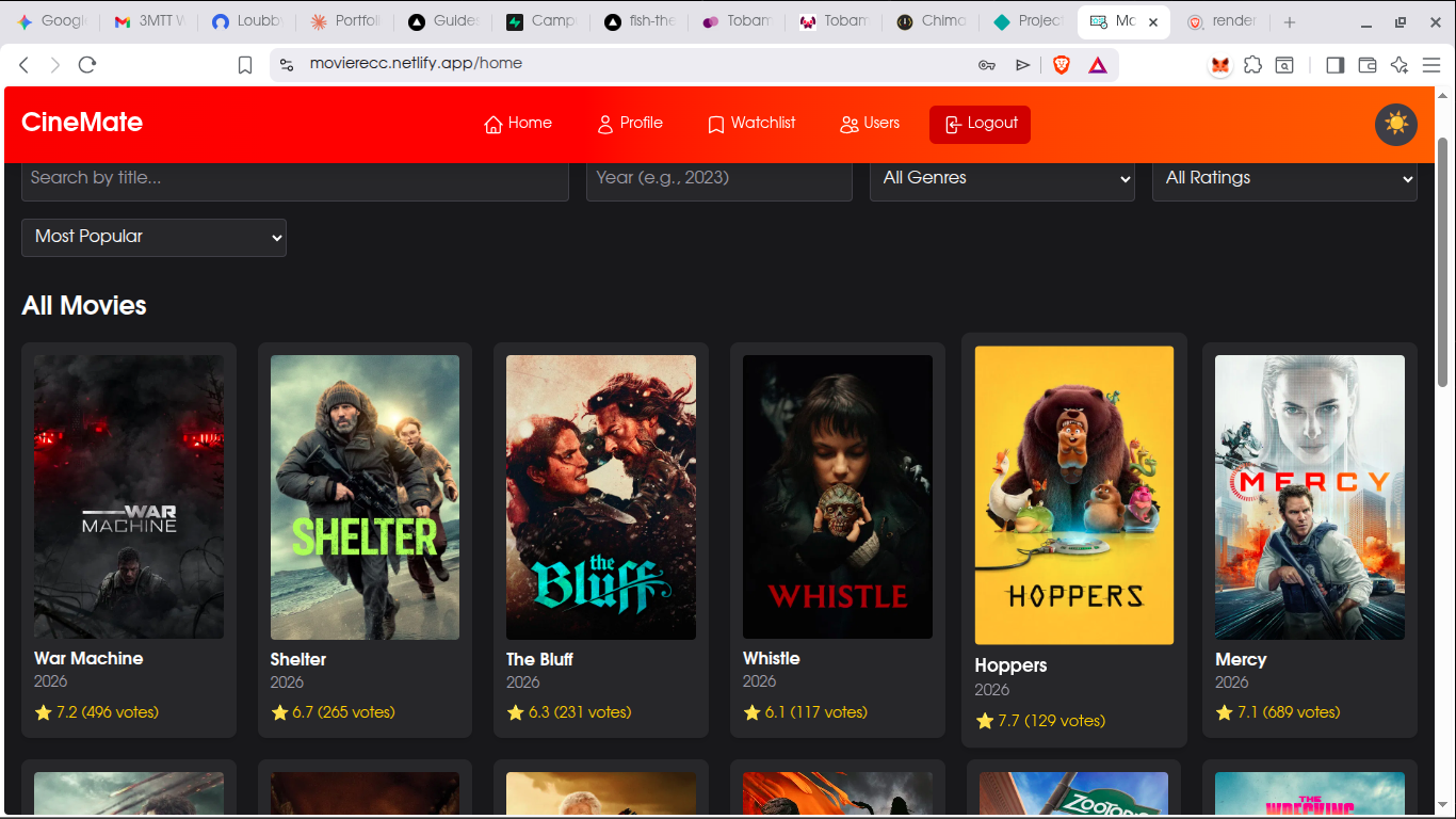 CineMate movie recommendation app screenshot